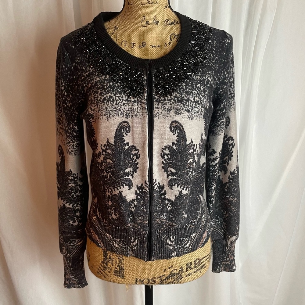 Tracey Reese Beaded Necklace Cardigan Sweater Neutral Paisley Sz M Black Beige